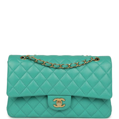 Pre-owned Chanel Medium Classic Double Flap Bag Turquoise Lambskin Brushed Gold Hardware