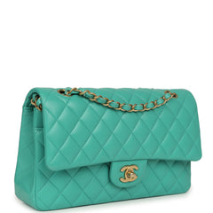 Pre-owned Chanel Medium Classic Double Flap Bag Turquoise Lambskin Brushed Gold Hardware