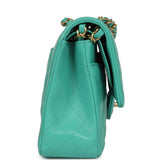 Pre-owned Chanel Medium Classic Double Flap Bag Turquoise Lambskin Brushed Gold Hardware - Thumbnail View 3