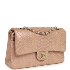 Pre-owned Chanel Medium Classic Double Flap Bag Iridescent Pink Python Light Gold Hardware