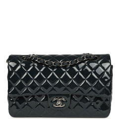 Pre-owned Chanel Medium Classic Double Flap Bag Navy Blue Patent Ruthenium Hardware