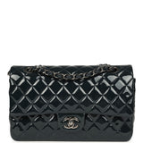 Pre-owned Chanel Medium Classic Double Flap Bag Navy Blue Patent Ruthenium Hardware - Thumbnail View 1