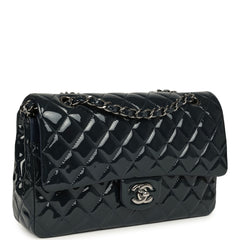 Pre-owned Chanel Medium Classic Double Flap Bag Navy Blue Patent Ruthenium Hardware
