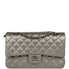 Pre-owned Chanel Medium Classic Double Flap Bag Dark Silver Lambskin Ruthenium Hardware