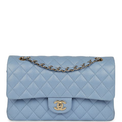 Chanel Medium Classic Double Flap Bag Light Blue Lambskin Light Gold Hardware