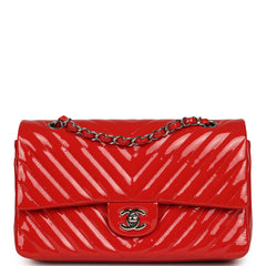 Pre-owned Chanel Medium Chevron Classic Double Flap Bag Red Patent Leather Silver Hardware