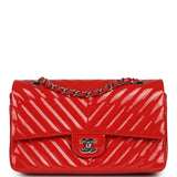 Pre-owned Chanel Medium Chevron Classic Double Flap Bag Red Patent Leather Silver Hardware - Thumbnail View 1