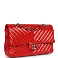 Pre-owned Chanel Medium Chevron Classic Double Flap Bag Red Patent Leather Silver Hardware