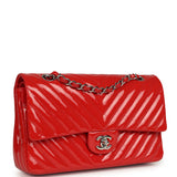 Pre-owned Chanel Medium Chevron Classic Double Flap Bag Red Patent Leather Silver Hardware - Thumbnail View 2