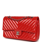 Pre-owned Chanel Medium Chevron Classic Double Flap Bag Red Patent Leather Silver Hardware - Thumbnail View 5
