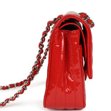 Pre-owned Chanel Medium Chevron Classic Double Flap Bag Red Patent Leather Silver Hardware - Thumbnail View 3