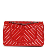 Pre-owned Chanel Medium Chevron Classic Double Flap Bag Red Patent Leather Silver Hardware - Thumbnail View 4
