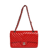 Pre-owned Chanel Medium Chevron Classic Double Flap Bag Red Patent Leather Silver Hardware - Thumbnail View 7