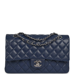 Pre-owned Chanel Medium Classic Double Flap Bag Navy Blue Caviar Silver Hardware