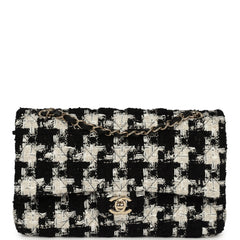 Pre-owned Chanel Medium Classic Double Flap Bag Black, White, Tweed Light Gold Hardware