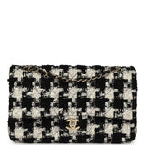 Pre-owned Chanel Medium Classic Double Flap Bag Black, White, Tweed Light Gold Hardware - Thumbnail View 1