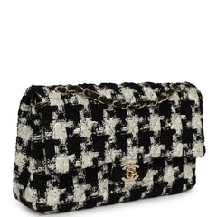 Pre-owned Chanel Medium Classic Double Flap Bag Black, White, Tweed Light Gold Hardware