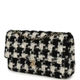 Pre-owned Chanel Medium Classic Double Flap Bag Black, White, Tweed Light Gold Hardware - Thumbnail View 5