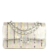 Pre-owned Chanel Medium Sequin Classic Double Flap Bag Light Grey, Pink, Yellow Embroidered Satin Silver Hardware - Thumbnail View 1