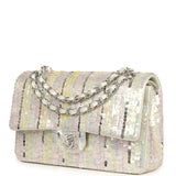 Pre-owned Chanel Medium Sequin Classic Double Flap Bag Light Grey, Pink, Yellow Embroidered Satin Silver Hardware - Thumbnail View 5