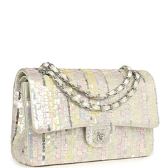 Pre-owned Chanel Medium Sequin Classic Double Flap Bag Light Grey, Pink, Yellow Embroidered Satin Silver Hardware