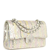 Pre-owned Chanel Medium Sequin Classic Double Flap Bag Light Grey, Pink, Yellow Embroidered Satin Silver Hardware - Thumbnail View 2