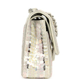Pre-owned Chanel Medium Sequin Classic Double Flap Bag Light Grey, Pink, Yellow Embroidered Satin Silver Hardware - Thumbnail View 3