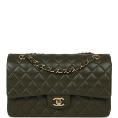 Pre-owned Chanel Medium Classic Double Flap Bag Khaki Lambskin Gold Hardware