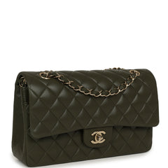 Pre-owned Chanel Medium Classic Double Flap Bag Khaki Lambskin Gold Hardware