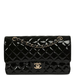 Pre-owned Chanel Medium Classic Double Flap Bag Black Patent Light Gold Hardware