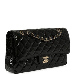 Pre-owned Chanel Medium Classic Double Flap Bag Black Patent Light Gold Hardware
