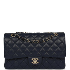 Chanel Medium Classic Double Flap Bag Navy Blue Shiny Caviar Light Gold Hardware