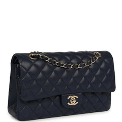 Chanel Medium Classic Double Flap Bag Navy Blue Shiny Caviar Light Gold Hardware