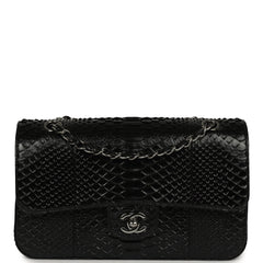 Pre-owned Chanel Medium Classic Double Flap Bag Black Python Silver Hardware