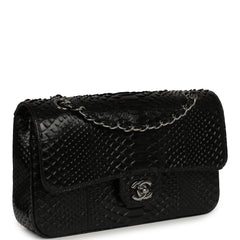 Pre-owned Chanel Medium Classic Double Flap Bag Black Python Silver Hardware