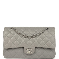 Pre-owned Chanel Medium Classic Double Flap Bag Light Grey Lambskin Silver Hardware