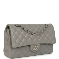 Pre-owned Chanel Medium Classic Double Flap Bag Light Grey Lambskin Silver Hardware