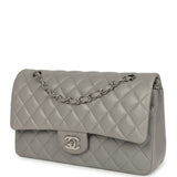 Pre-owned Chanel Medium Classic Double Flap Bag Light Grey Lambskin Silver Hardware - Thumbnail View 5