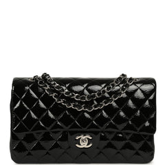 Chanel Medium Classic Double Flap Bag Black Patent Silver Hardware