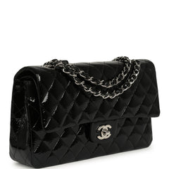 Chanel Medium Classic Double Flap Bag Black Patent Silver Hardware