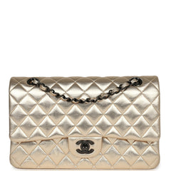 Pre-owned Chanel Medium Classic Double Flap Bag Gold Metallic Lambskin Black Hardware