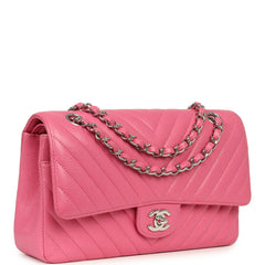 Pre-owned Chanel Medium Classic Chevron Double Flap Bag Pink Caviar Silver Hardware