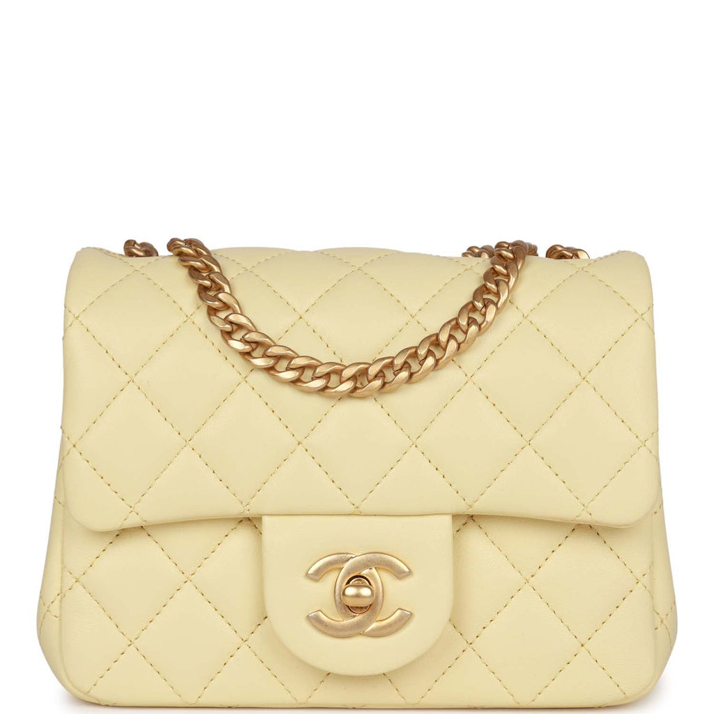 Chanel Sweet Camellia Adjustable Chain Square Flap Bag Quilted Lambskin Mini Yellow