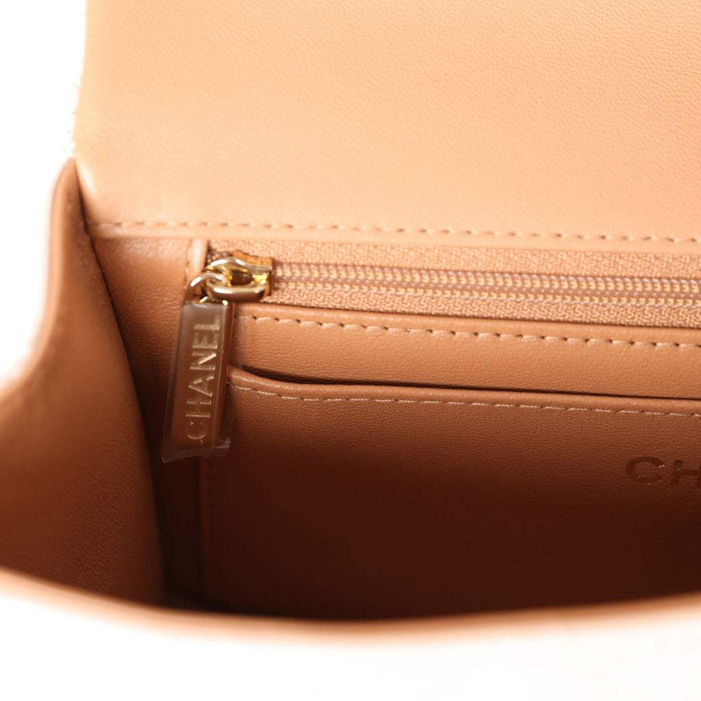 Chanel Mini Rectangular Flap with Top Handle Beige Lambskin Light Gold Hardware