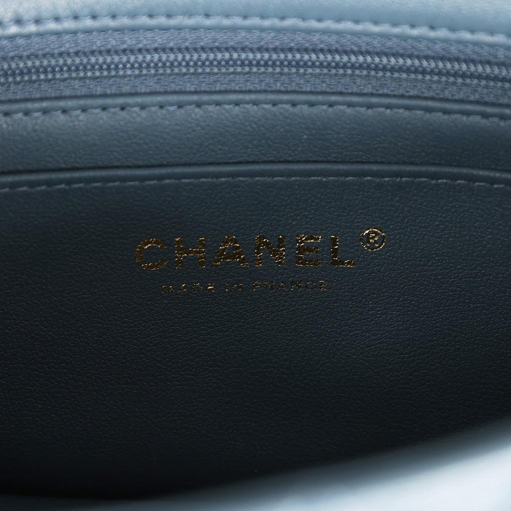 CHANEL 🖤 21K Light Blue Lambskin Mini Top Handle Bag with Light Gold  Hardware