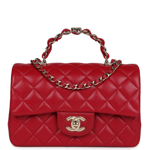 Chanel Mini Rectangular Flap Bag with Interwoven Top Handle Red Lambskin Light Gold Hardware
