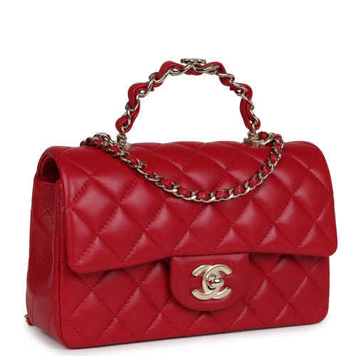 Chanel Mini Rectangular Flap Bag with Interwoven Top Handle Red Lambskin Light Gold Hardware
