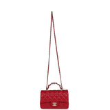 Chanel Mini Rectangular Flap Bag with Interwoven Top Handle Red Lambskin Light Gold Hardware