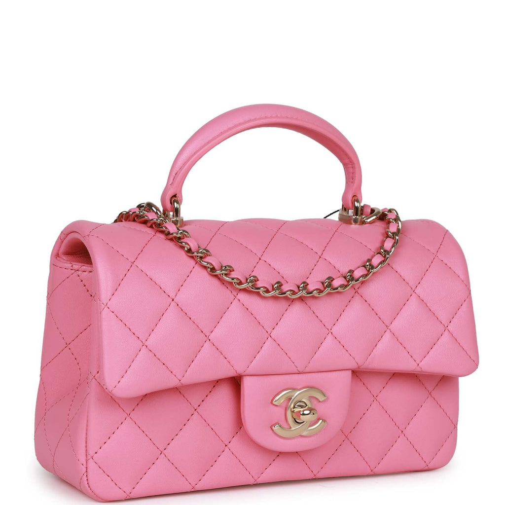 Chanel Rectangular Mini Flap Bag with Top Handle Pink Lambskin Light G
