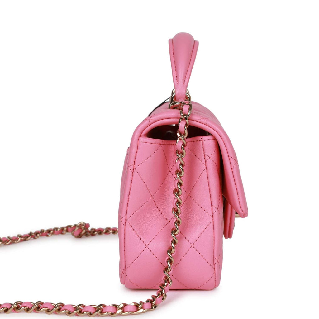 Pink Quilted Lambskin Leather Small Top Handle Classic Single